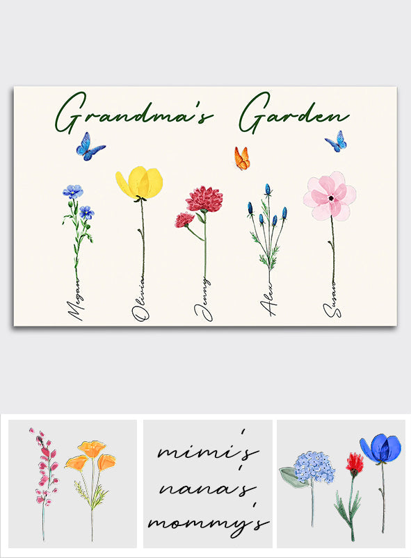 Le jardin de grand-mère avec des fleurs de naissance - Cadeau pour grand-mère, grand-père, maman, papa - Toile et affiche personnalisées