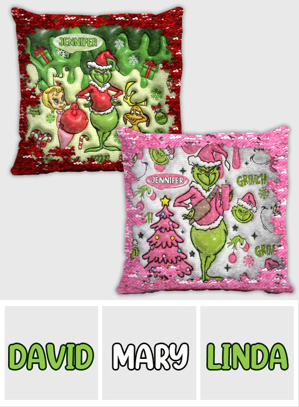 Merrry Christmas Green Mischief - Personalized Stole Christmas Sequin Pillow Cover