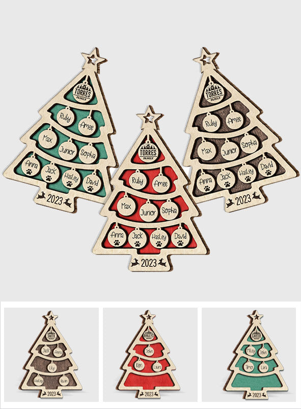Family Name Christmas Tree Many Colors - Personalized Family Layered Wood Ornament