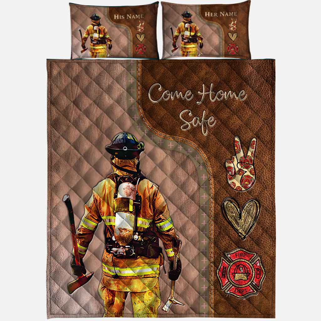 Rentrez sains et saufs - Ensemble de courtepointe personnalisé pour pompiers avec motif cuir