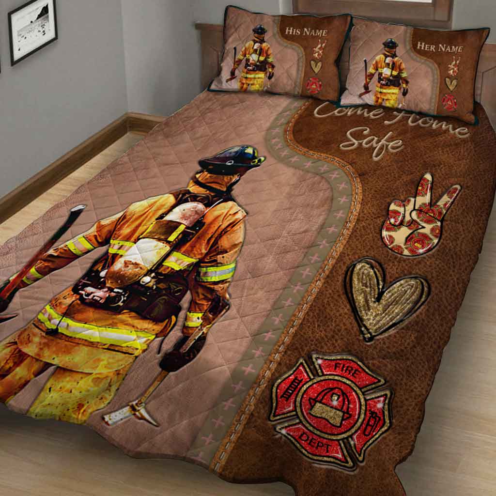 Rentrez sains et saufs - Ensemble de courtepointe personnalisé pour pompiers avec motif cuir