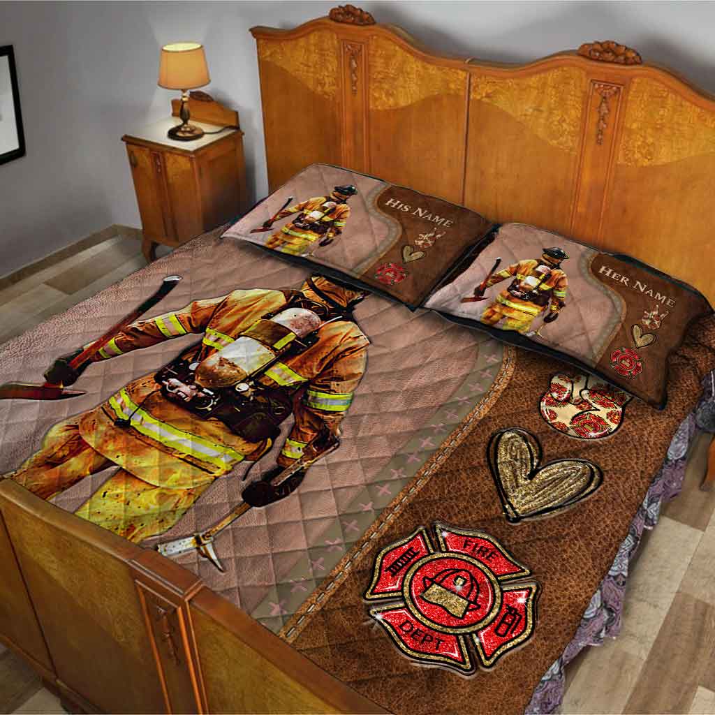 Rentrez sains et saufs - Ensemble de courtepointe personnalisé pour pompiers avec motif cuir