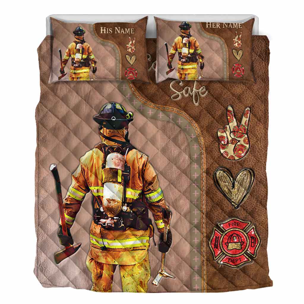 Rentrez sains et saufs - Ensemble de courtepointe personnalisé pour pompiers avec motif cuir
