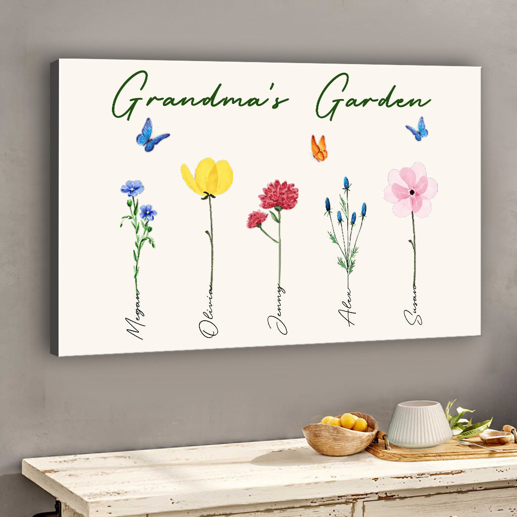 Le jardin de grand-mère avec des fleurs de naissance - Cadeau pour grand-mère, grand-père, maman, papa - Toile et affiche personnalisées