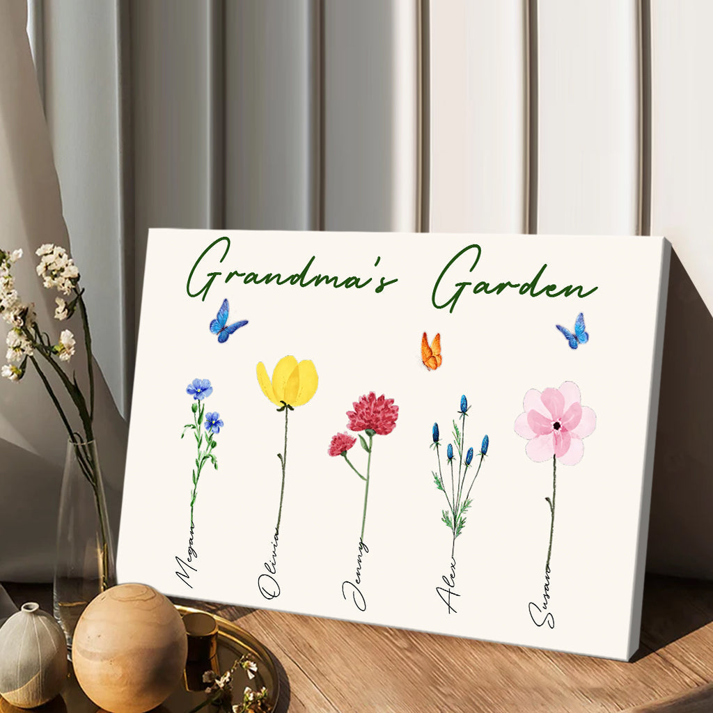 Le jardin de grand-mère avec des fleurs de naissance - Cadeau pour grand-mère, grand-père, maman, papa - Toile et affiche personnalisées