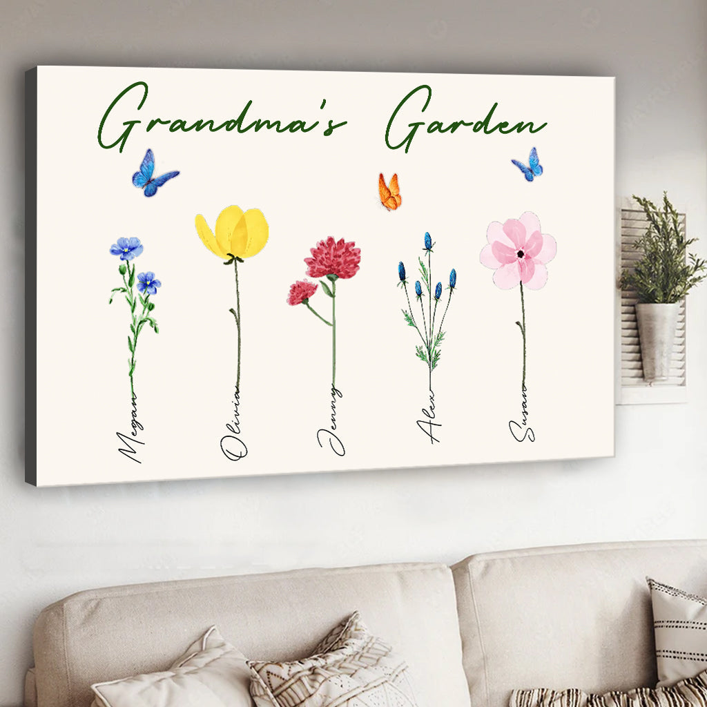 Le jardin de grand-mère avec des fleurs de naissance - Cadeau pour grand-mère, grand-père, maman, papa - Toile et affiche personnalisées