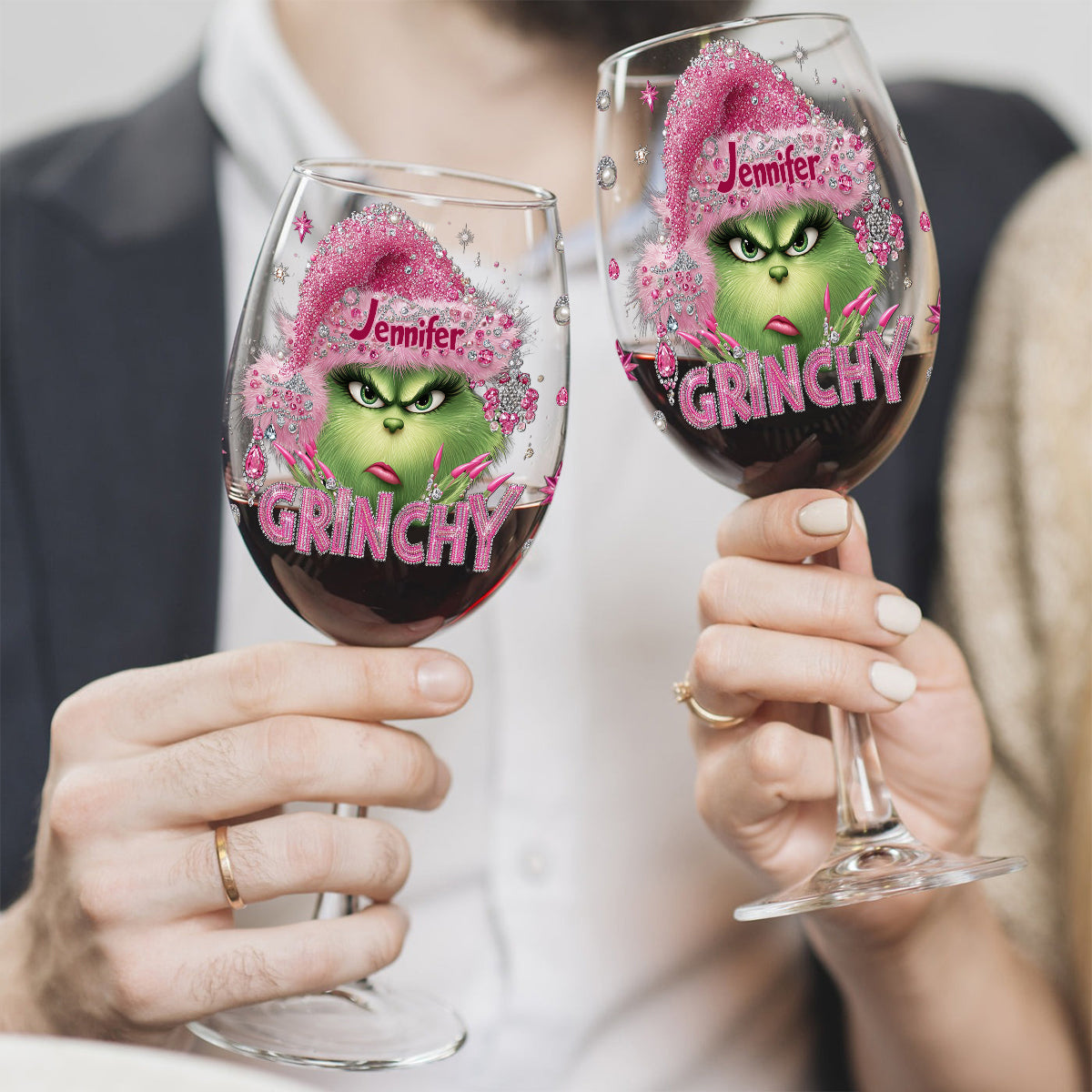 À votre santé, Grincheux ! - Verre à vin de Noël personnalisé avec étole et longue tige