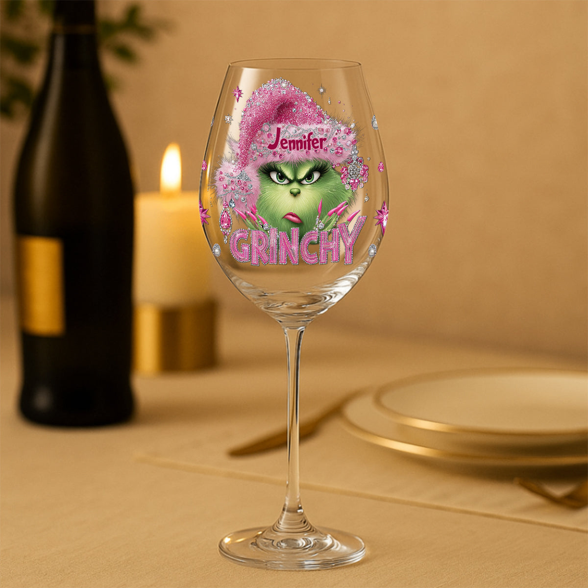 À votre santé, Grincheux ! - Verre à vin de Noël personnalisé avec étole et longue tige