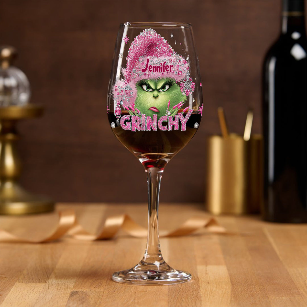 À votre santé, Grincheux ! - Verre à vin de Noël personnalisé avec étole et longue tige