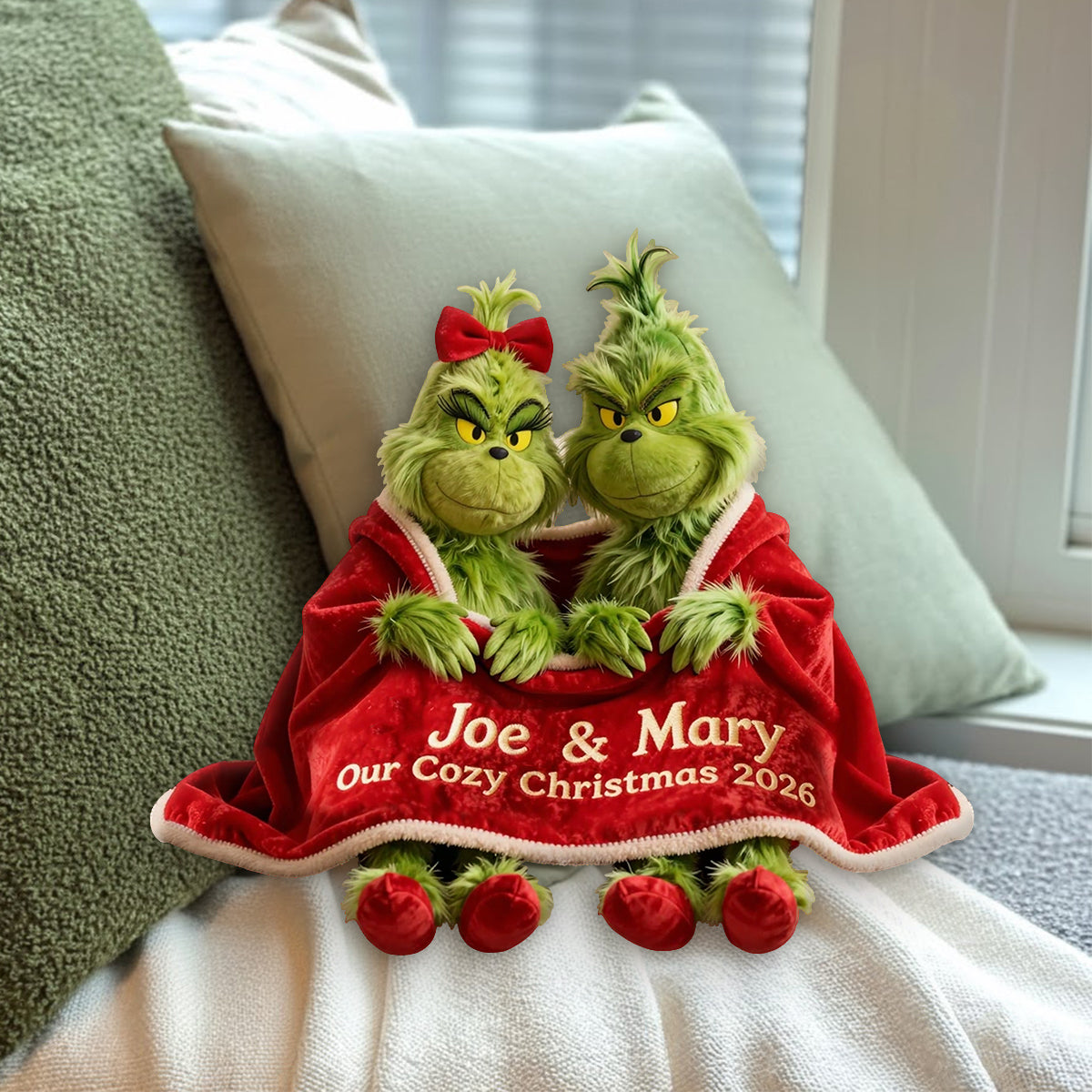 Couple Green Monster Cozy Christmas - Personalized Stole Christmas Premium Faux Fur Pillow