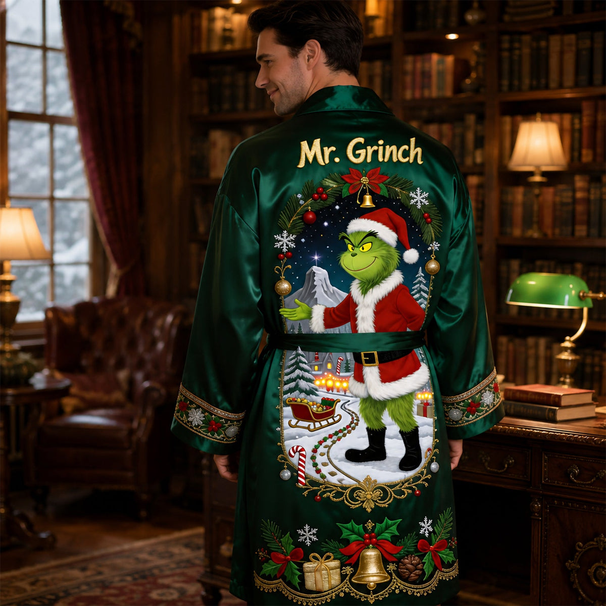 Merry Christmas - Green Couple - Personalized Stole Christmas Satin Robe