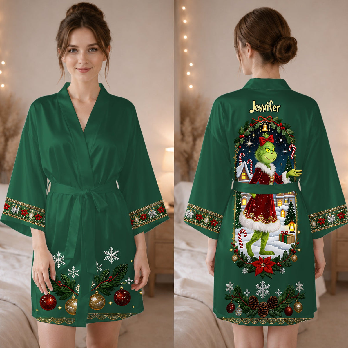 Merry Christmas - Green Couple - Personalized Stole Christmas Satin Robe
