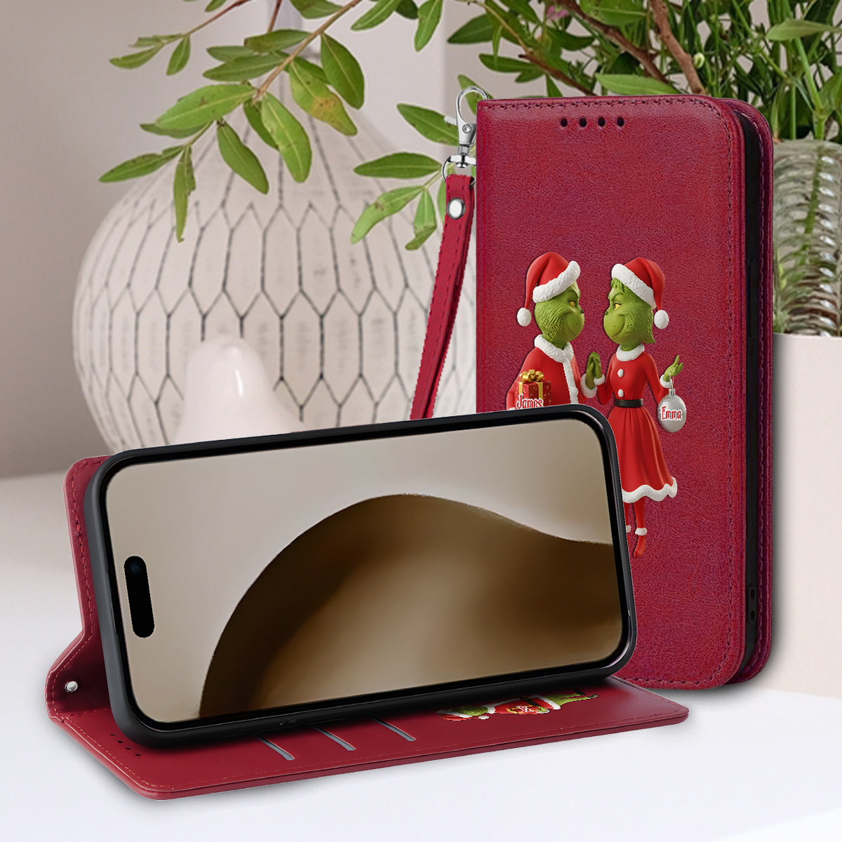 Cadeau de Noël Joyeux Grinchmas - Étui portefeuille/téléphone personnalisé avec bandoulière et motif étole de Noël