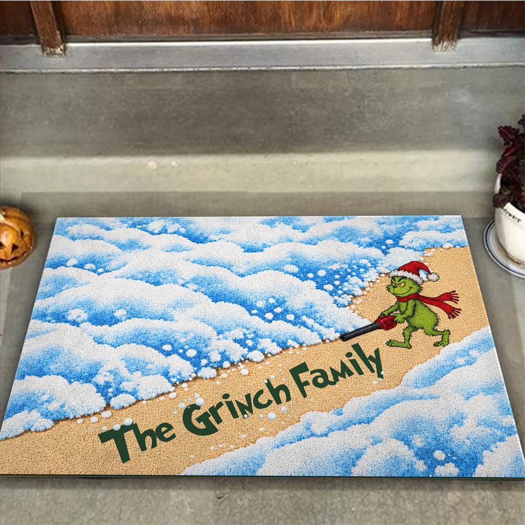 Green Mischief Blowing Leaf Snow - Personalized Stole Christmas Doormat