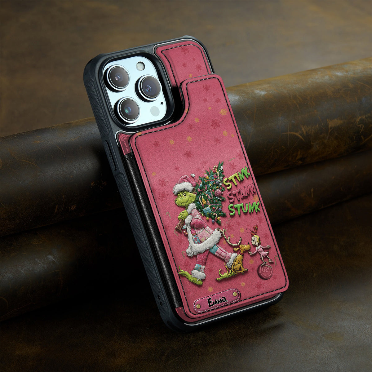 Joyeux Grinchmas - Étui portefeuille/téléphone personnalisé avec étole de Noël imprimée