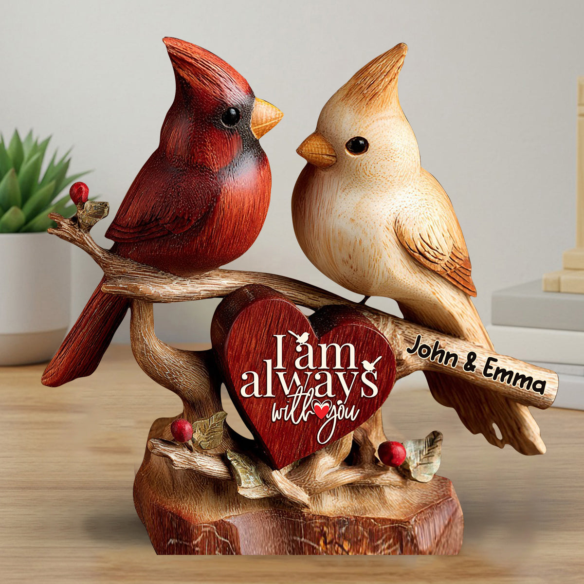 Cardinaux, je suis toujours avec vous - Plaque en bois personnalisée pour couple - Forme sur mesure