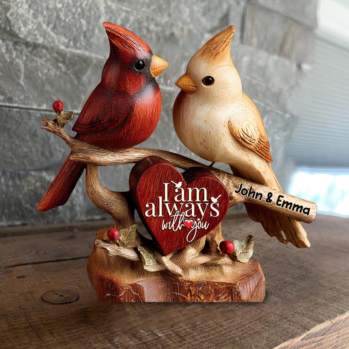Cardinaux, je suis toujours avec vous - Plaque en bois personnalisée pour couple - Forme sur mesure