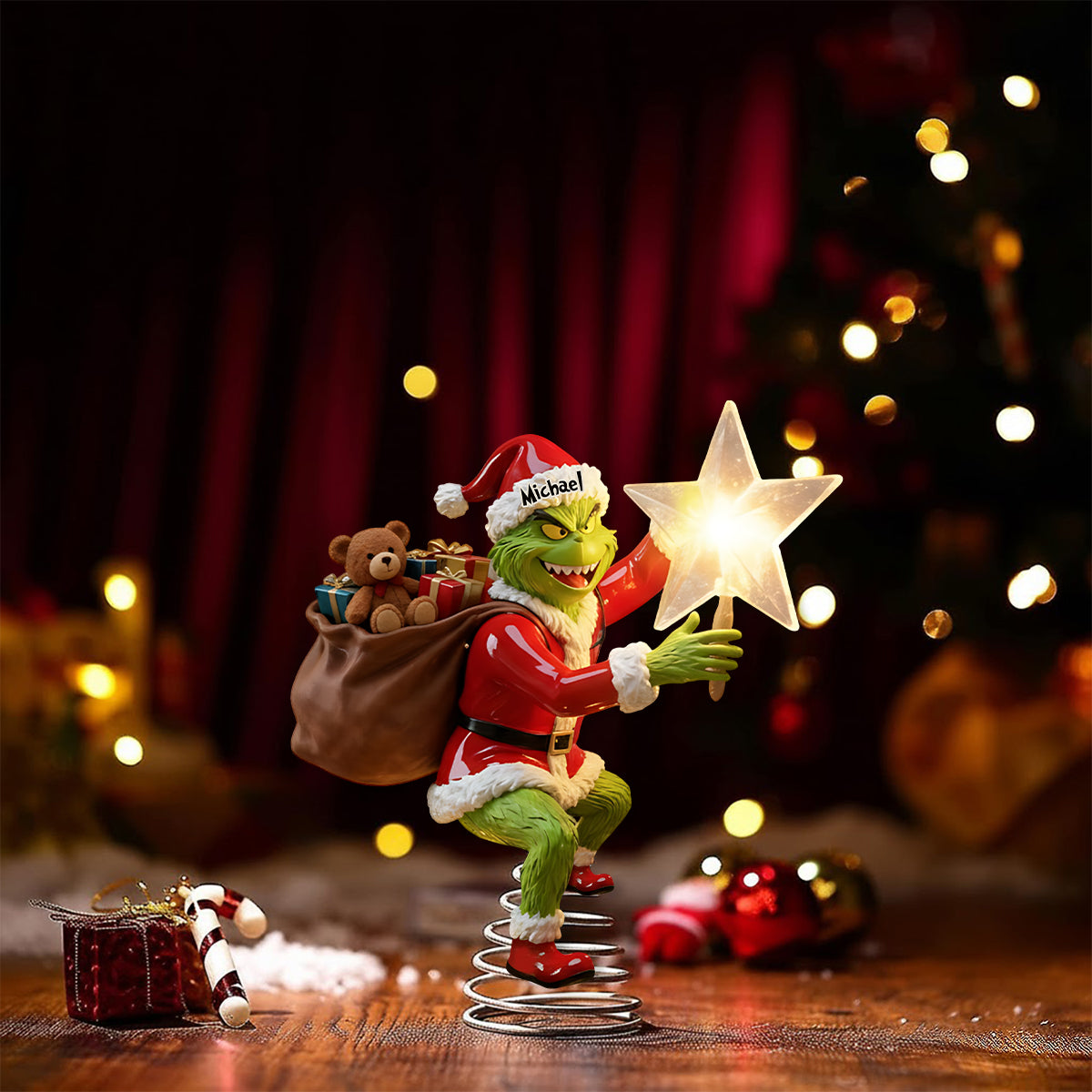Joyeux Grinchmas - Étole de Noël personnalisée avec guirlande lumineuse LED pour sapin de Noël