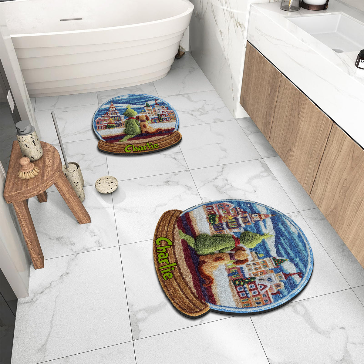 Monstre Vert avec Chien - Étole de Noël personnalisée Tapis touffeté antidérapant