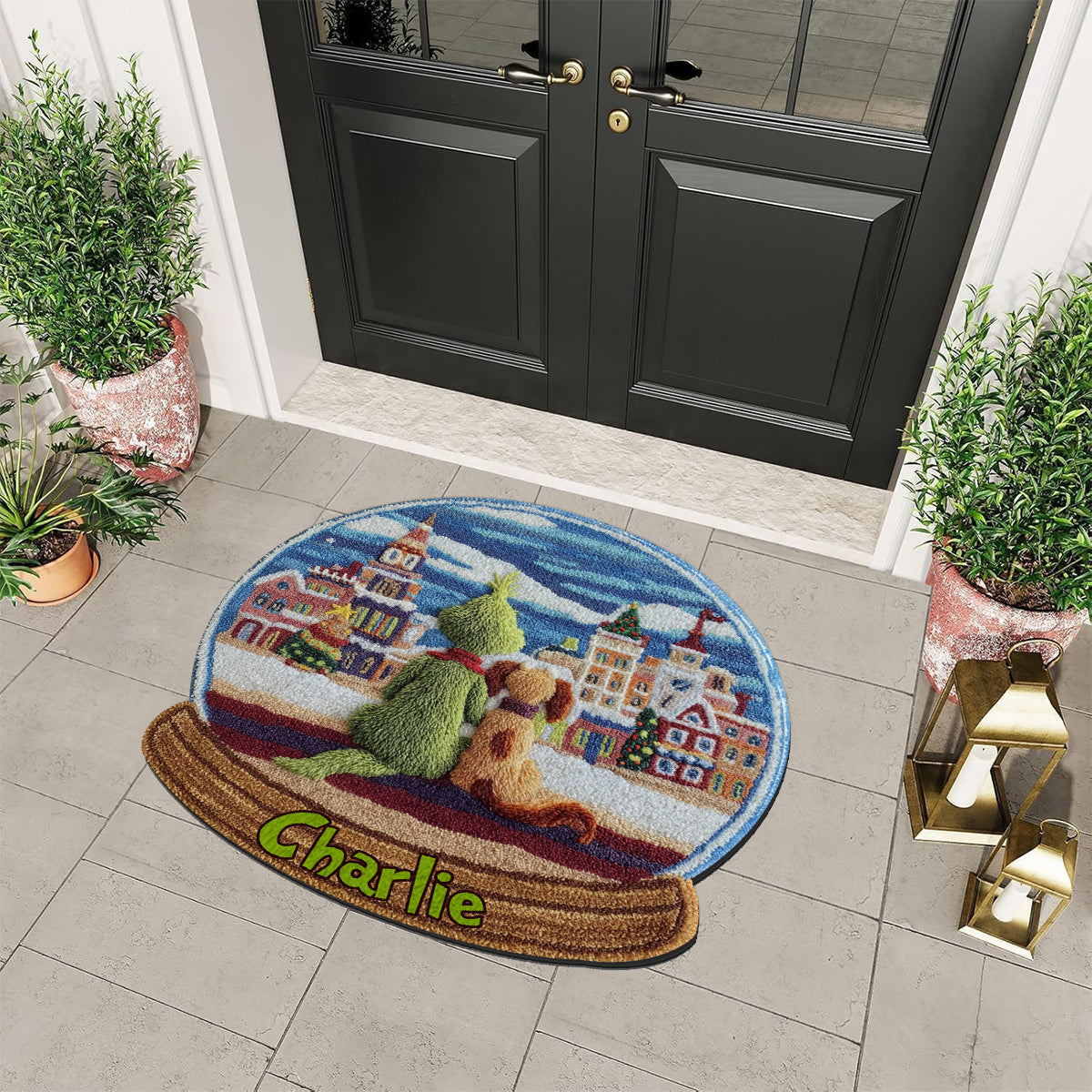 Monstre Vert avec Chien - Étole de Noël personnalisée Tapis touffeté antidérapant