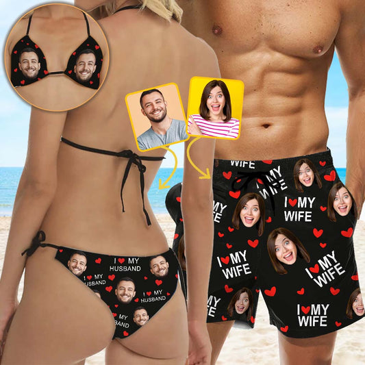 J'aime mon mari - Maillot de bain bikini triangle personnalisé pour couple et short pour homme