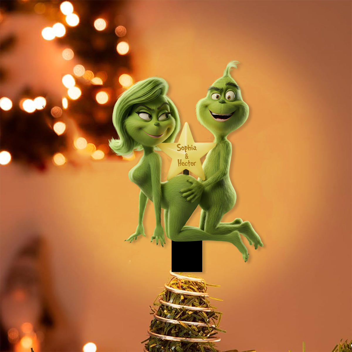 Fuzzy Green Trouble on Top - Étole personnalisée avec lumière LED pour sapin de Noël
