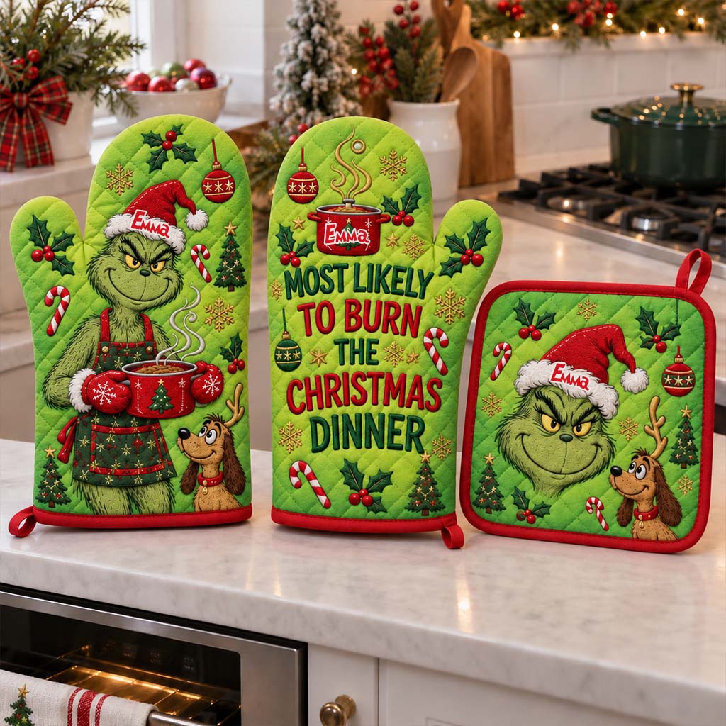 Most Likely To Burn The Christmas Dinner - Personalized Stole Christmas Oven Mitts & Pot Holder Set