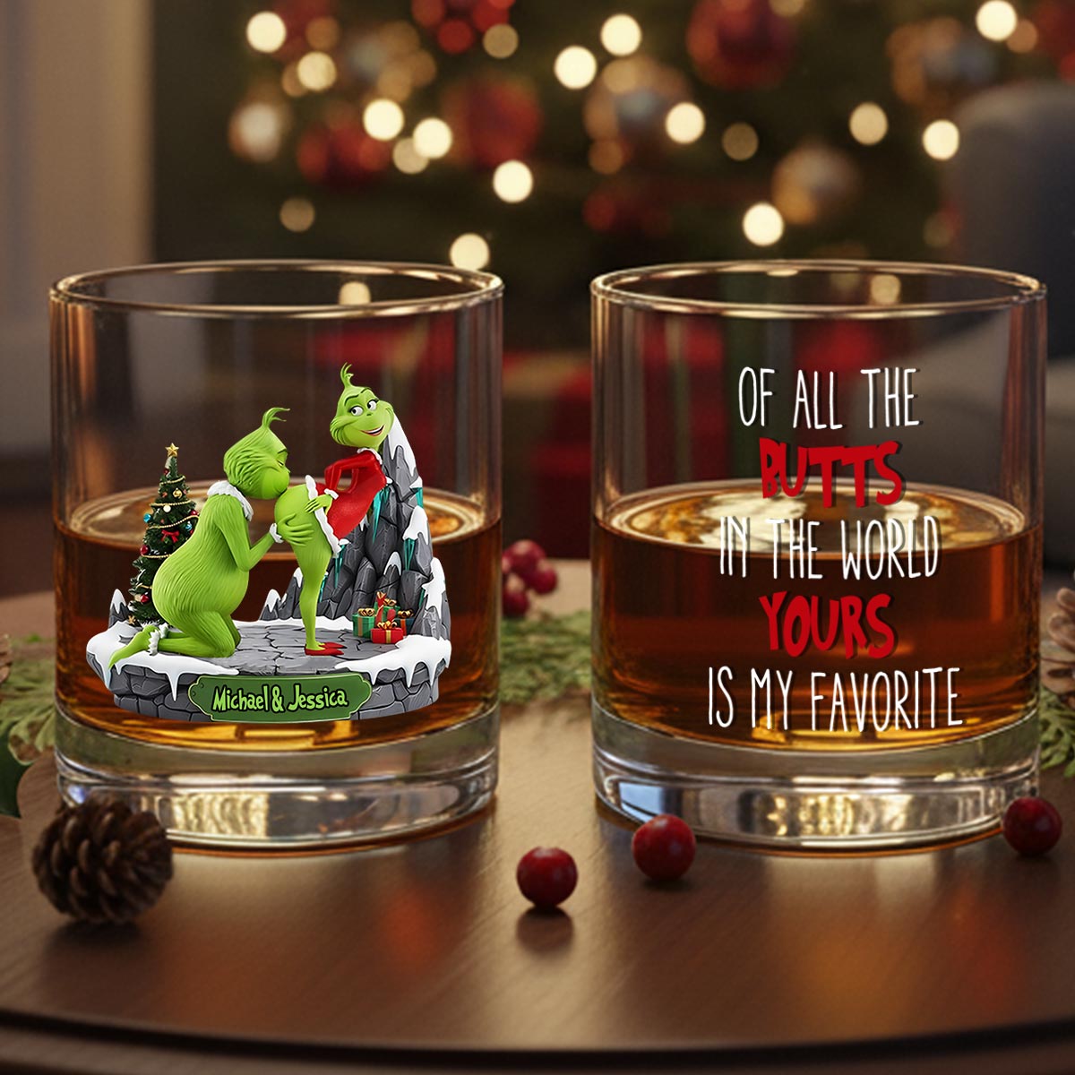 Noël en couple - Cadeau Grinchmas - Verre à whisky personnalisé avec étole de Noël
