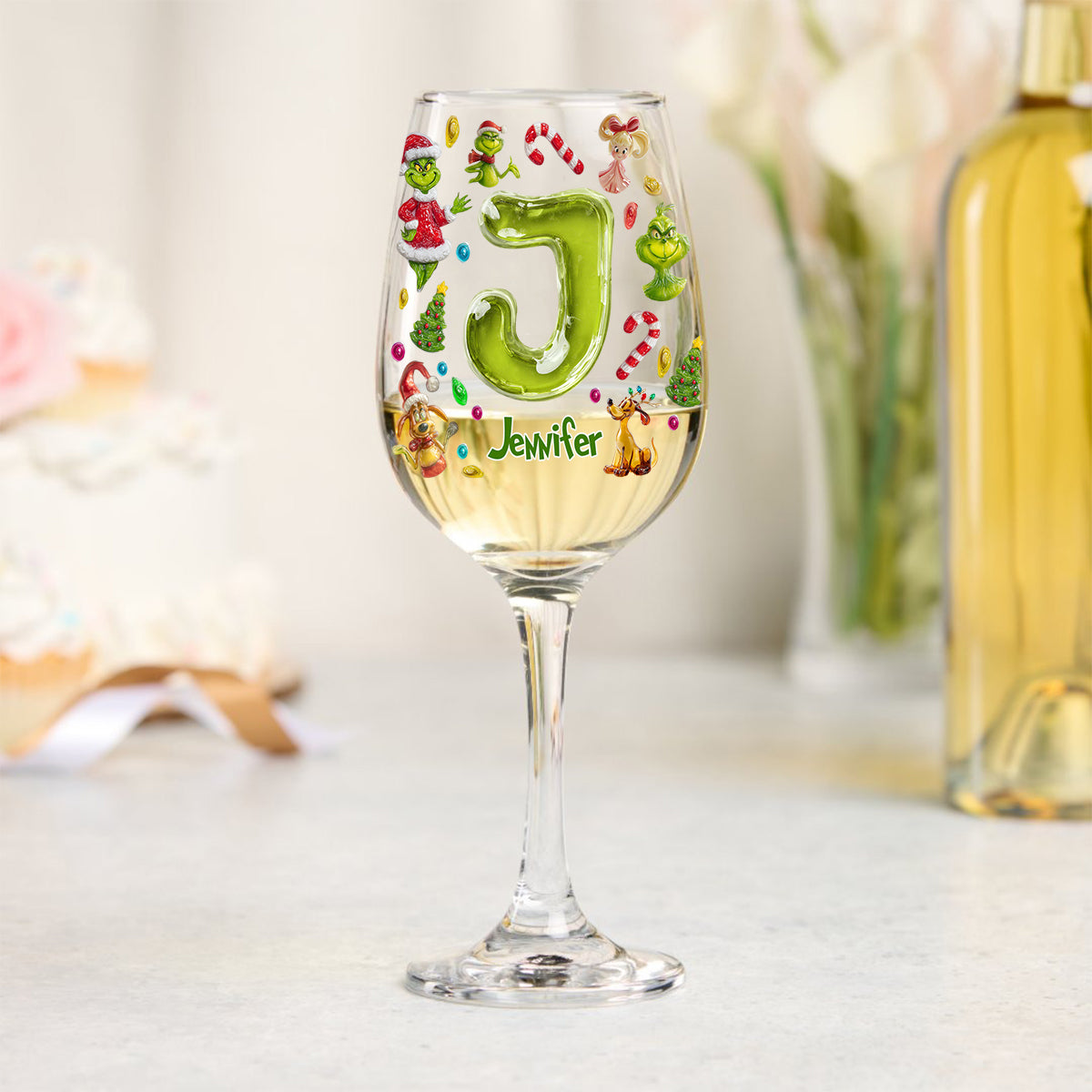 Joyeux Noël Vert - Verre à vin de Noël personnalisé avec étole et longue tige
