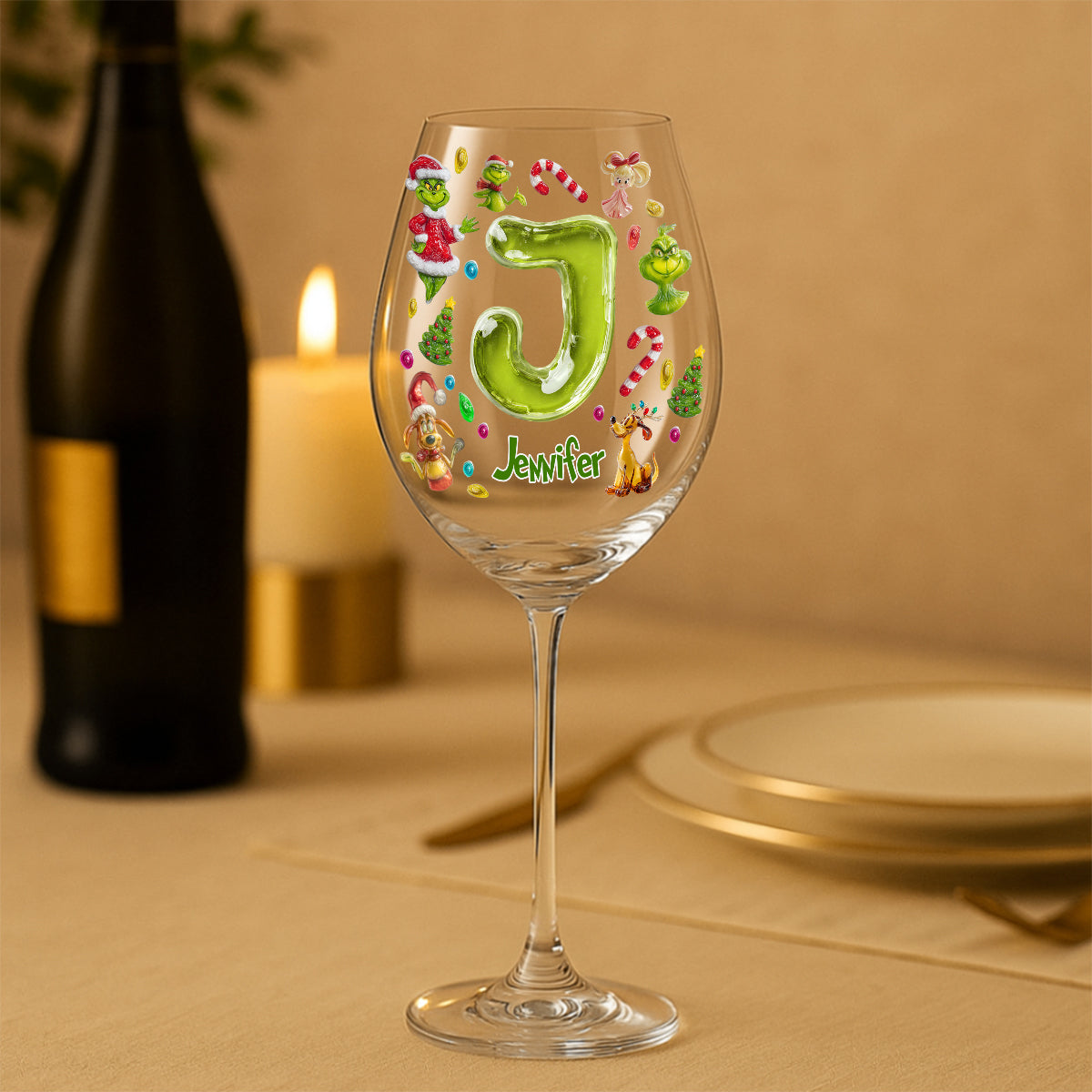 Joyeux Noël Vert - Verre à vin de Noël personnalisé avec étole et longue tige