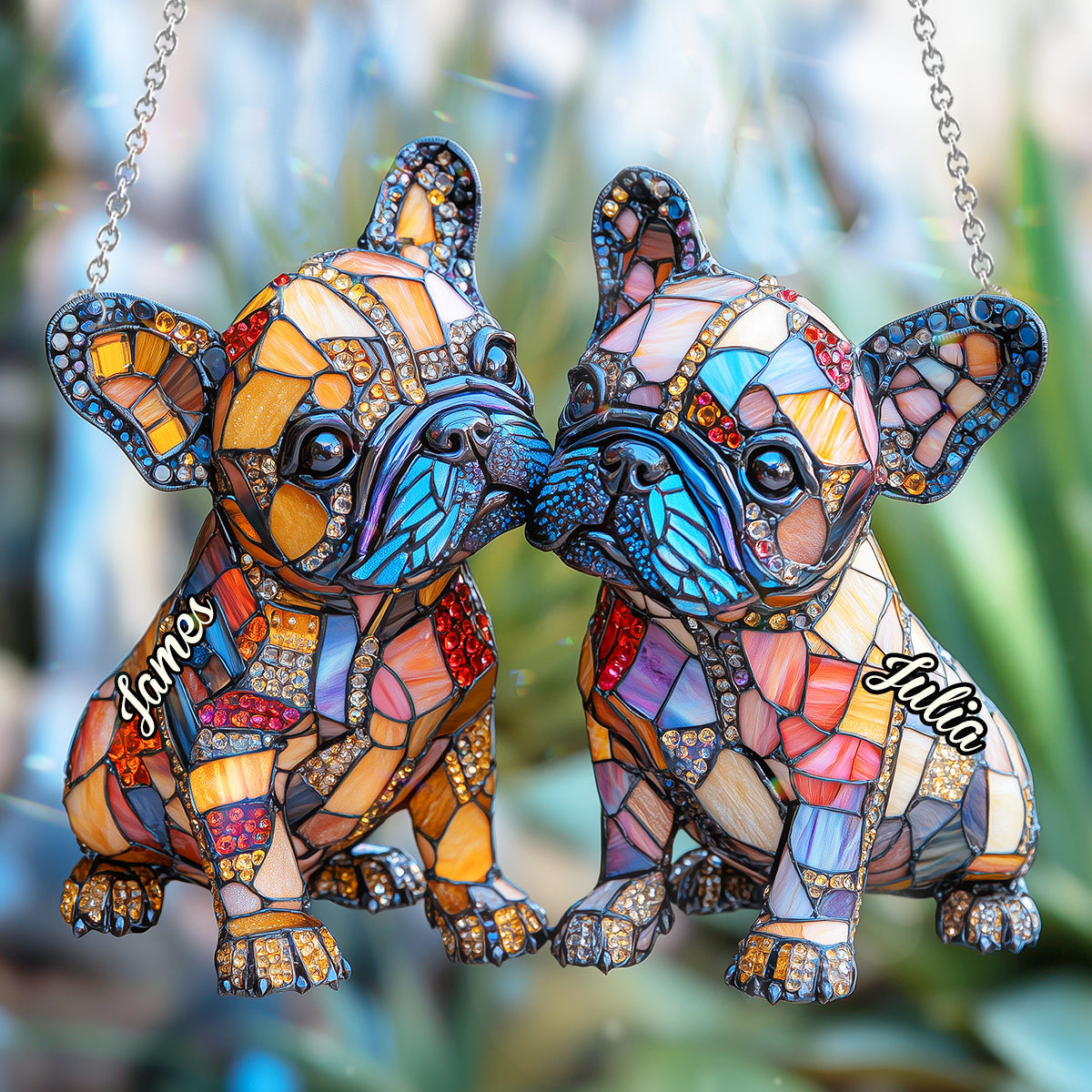 Couple de bouledogues français - Décoration attrape-soleil personnalisée à suspendre à la fenêtre, représentant un bouledogue français 