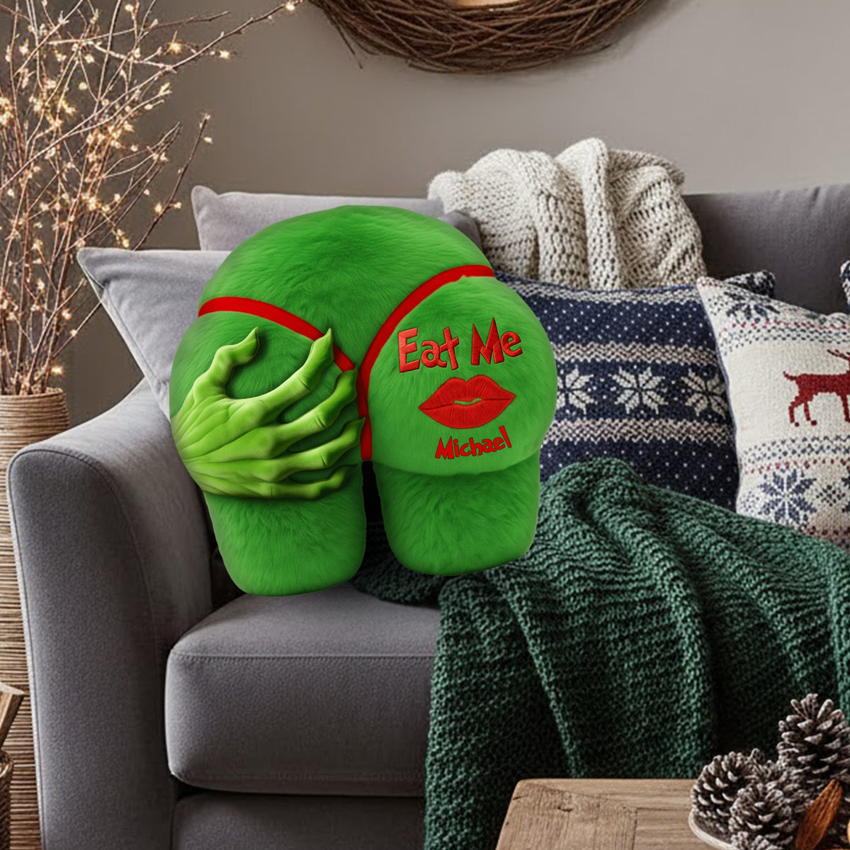 Cadeau de Noël amusant pour couple - Étole de Noël personnalisée et coussin en fausse fourrure en forme d'oreiller