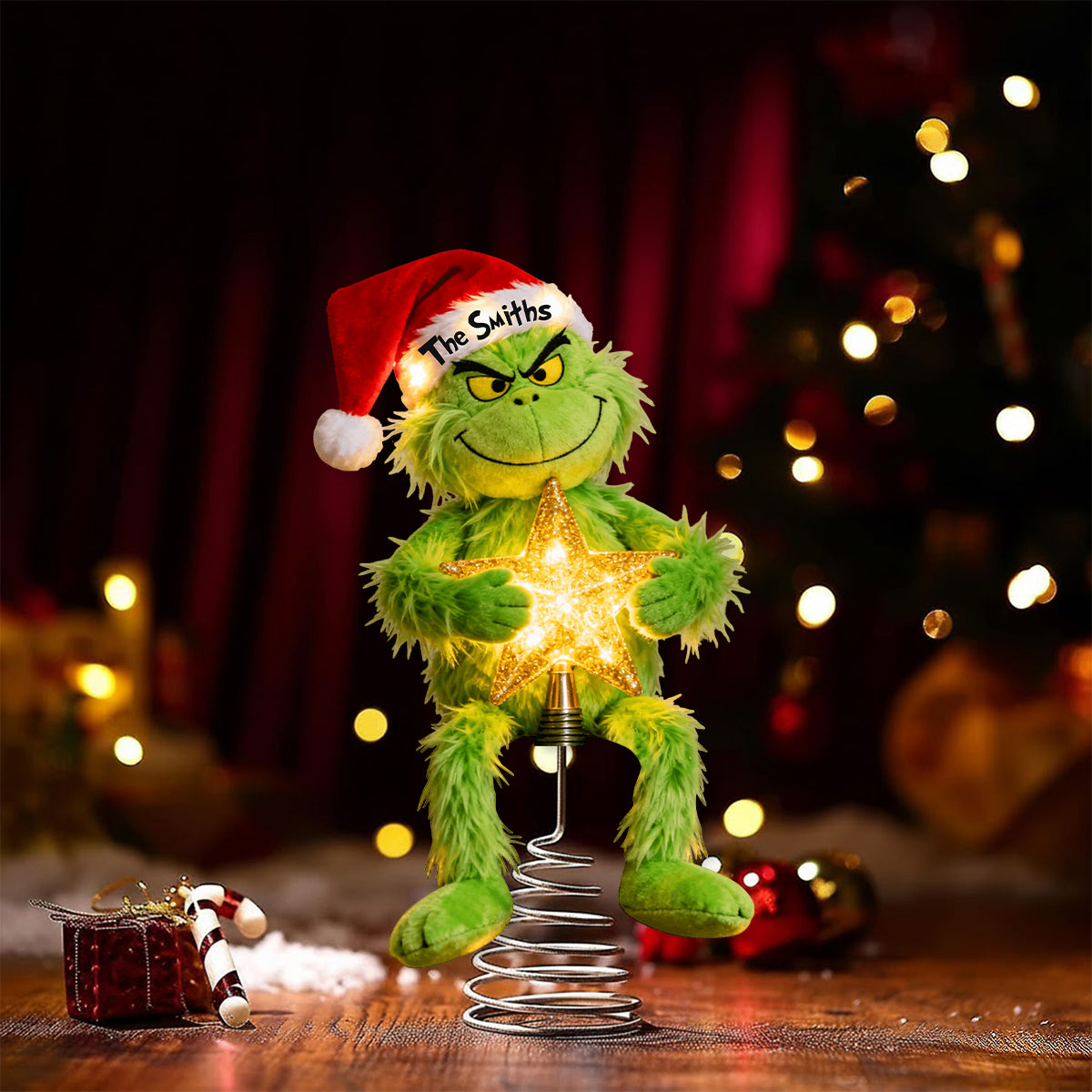 Joyeux Grinchmas - Étole de Noël personnalisée avec guirlande lumineuse LED pour sapin de Noël