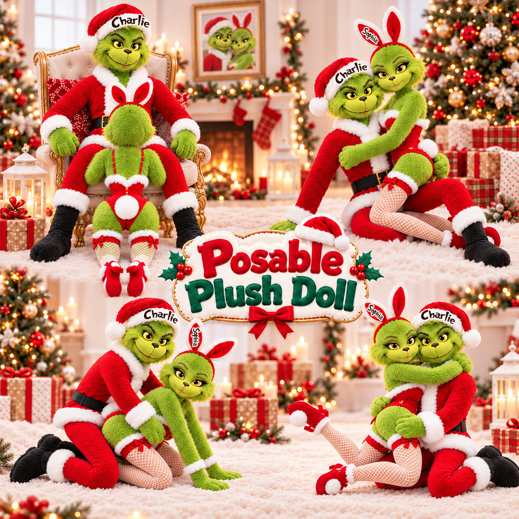 Naughty Green Christmas Monster Couple - Personalized Stole Christmas Posable Plush Doll