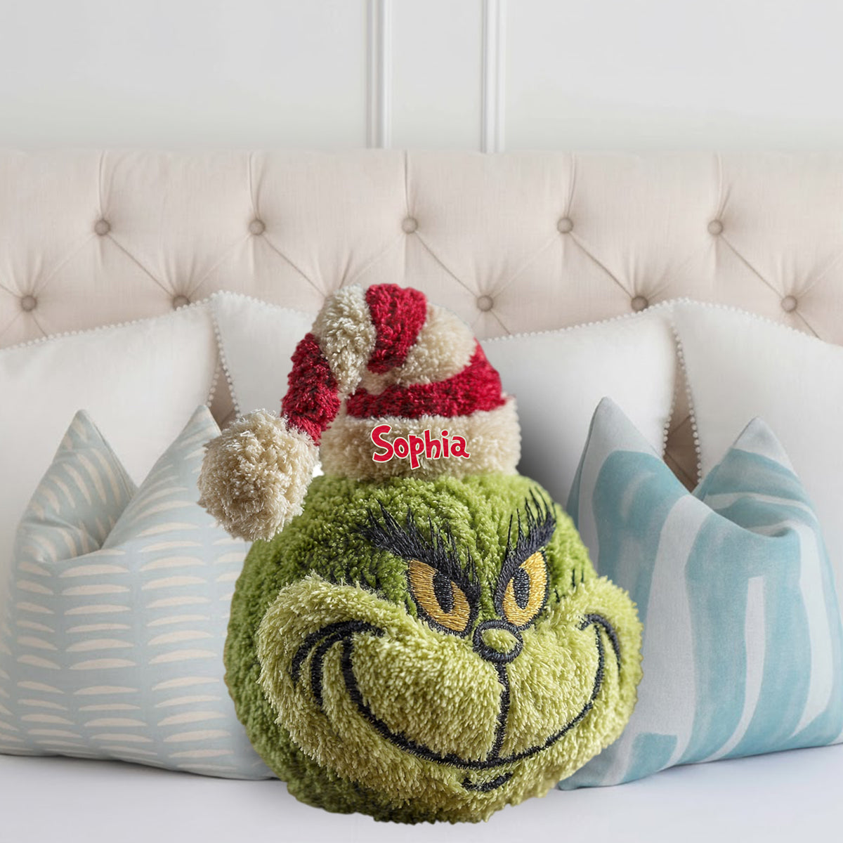Cadeau de Noël Green Monster personnalisé avec n'importe quel nom - Coussin en forme d'étole de Noël personnalisé