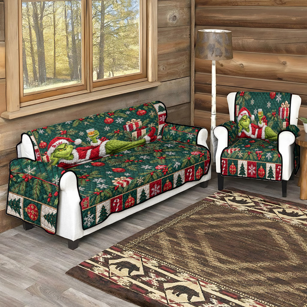 Merry Grinchmas - Personalized Stole Christmas Quilted Sofa/Couch Cover