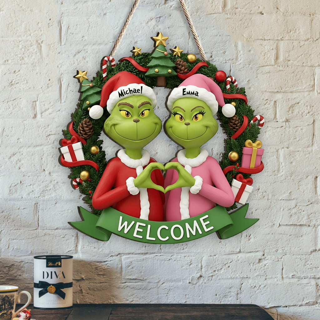 Joyeux Grinchmas - Panneau en bois personnalisé avec étole de Noël