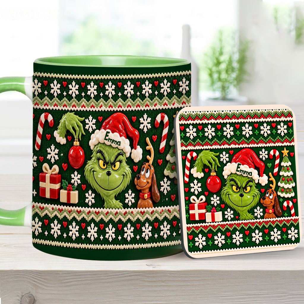 Green Mischief Ugly Pattern - Personalized Stole Christmas Accent Mug & Coaster
