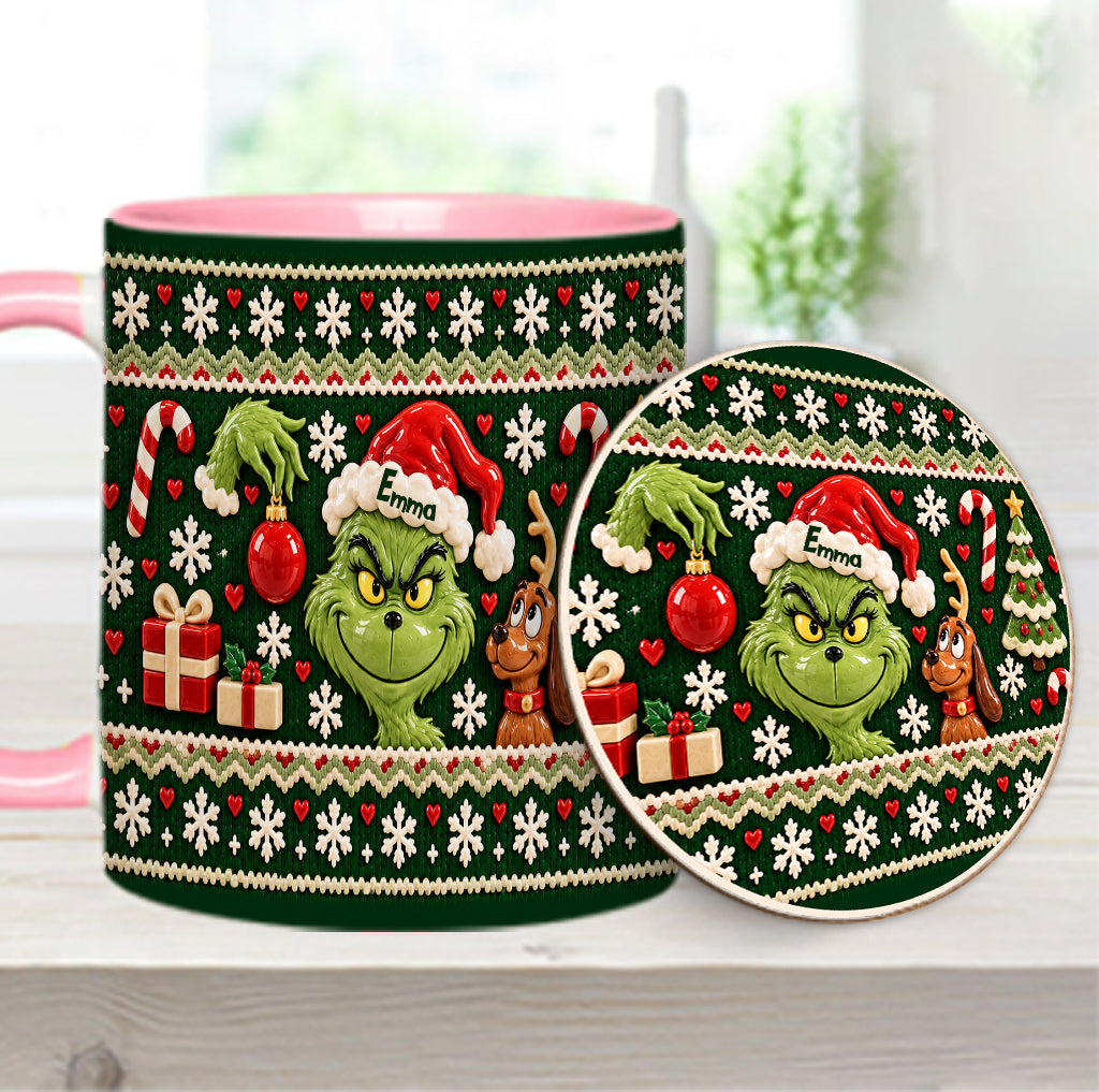 Green Mischief Ugly Pattern - Personalized Stole Christmas Accent Mug & Coaster