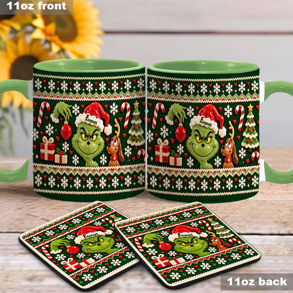 Green Mischief Ugly Pattern - Personalized Stole Christmas Accent Mug & Coaster