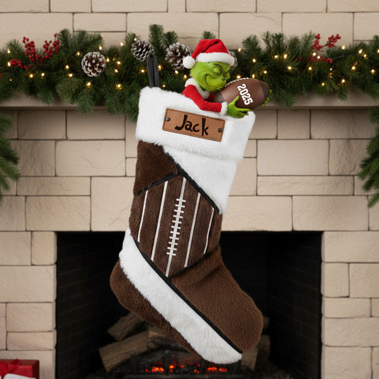 Chaussette de Noël personnalisée en forme de ballon de football vert avec Père Noël amusant