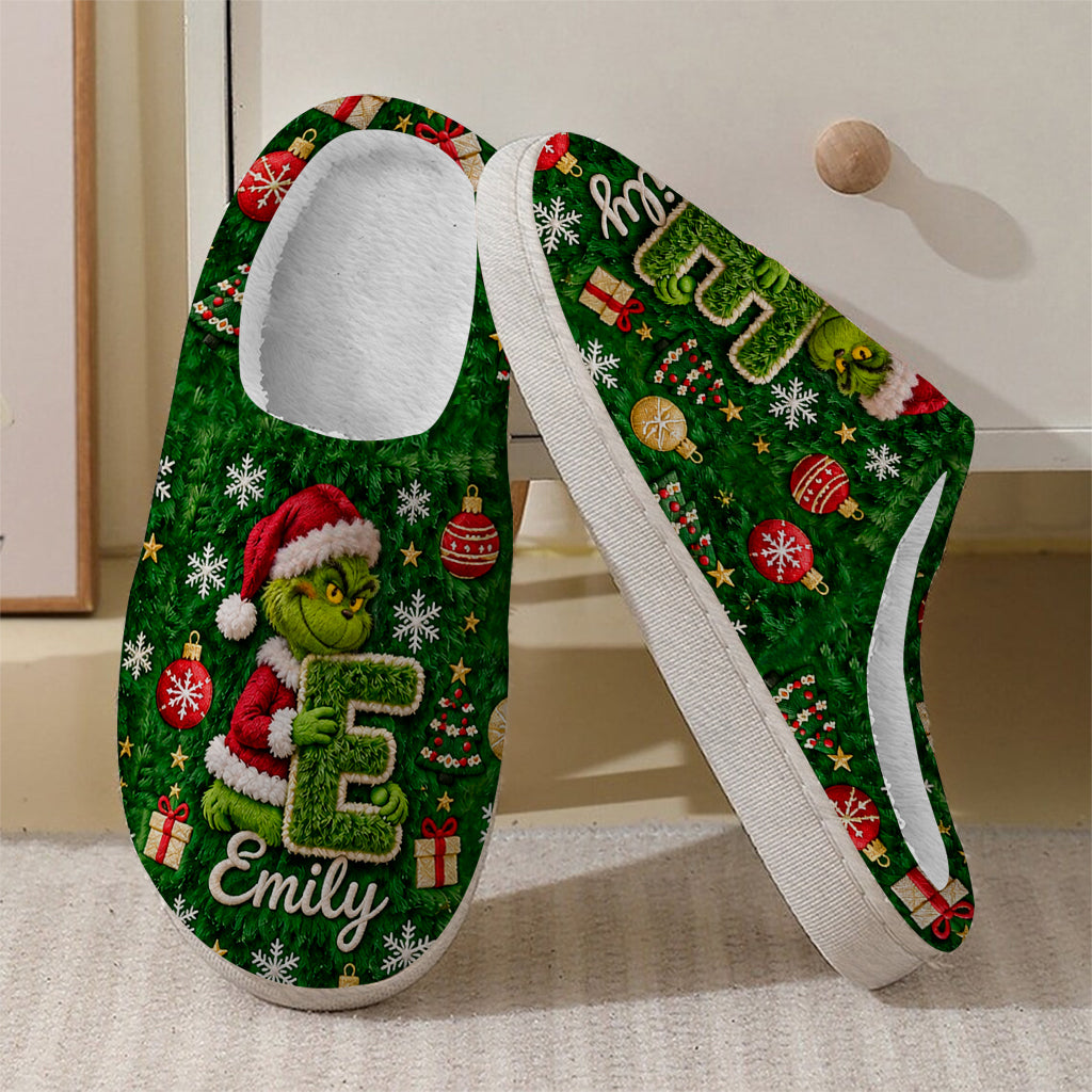 Merry Grinchmas Initial - Personalized Stole Christmas Faux Fur Boot Slippers