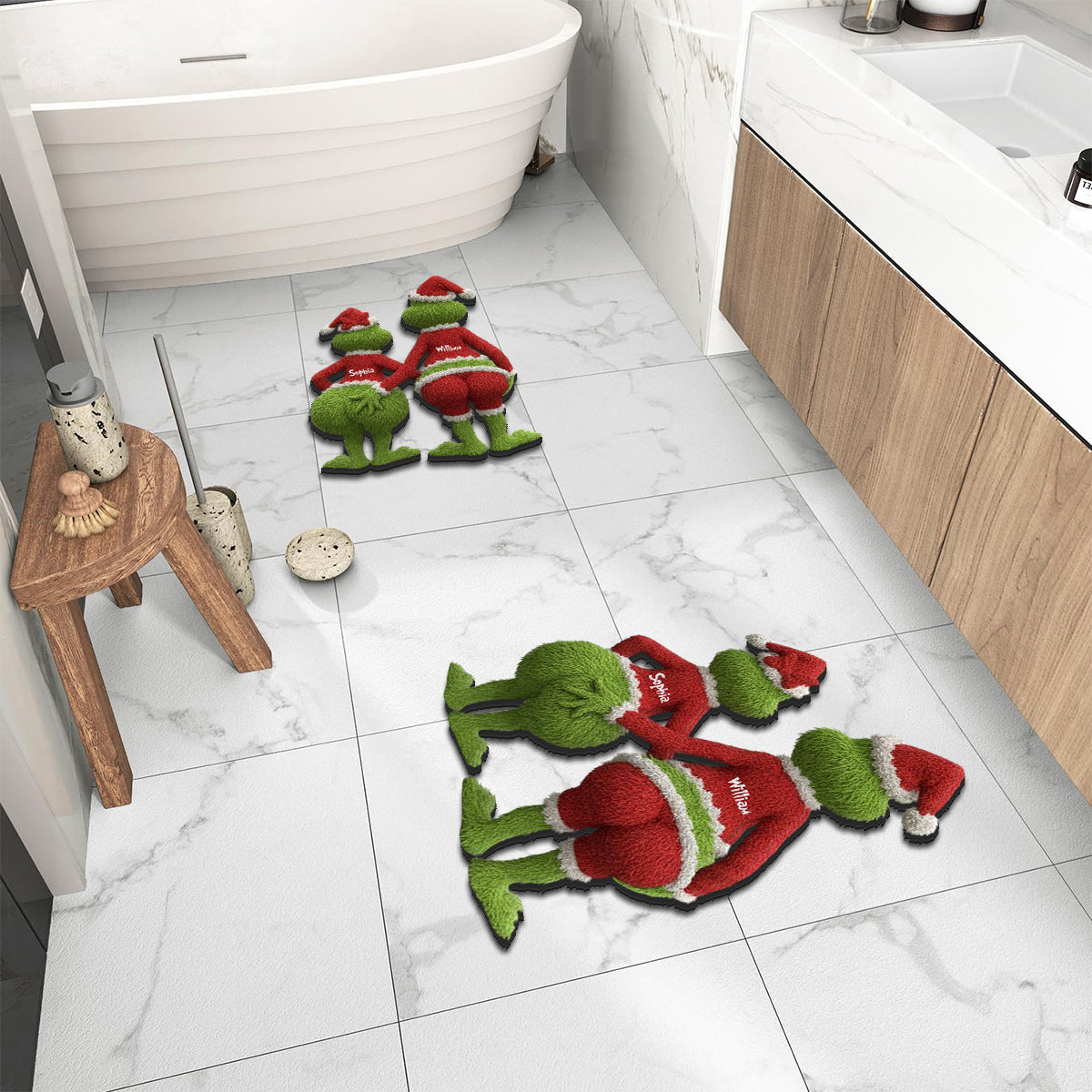 Tapis de Noël personnalisé avec étole et motif créature verte -