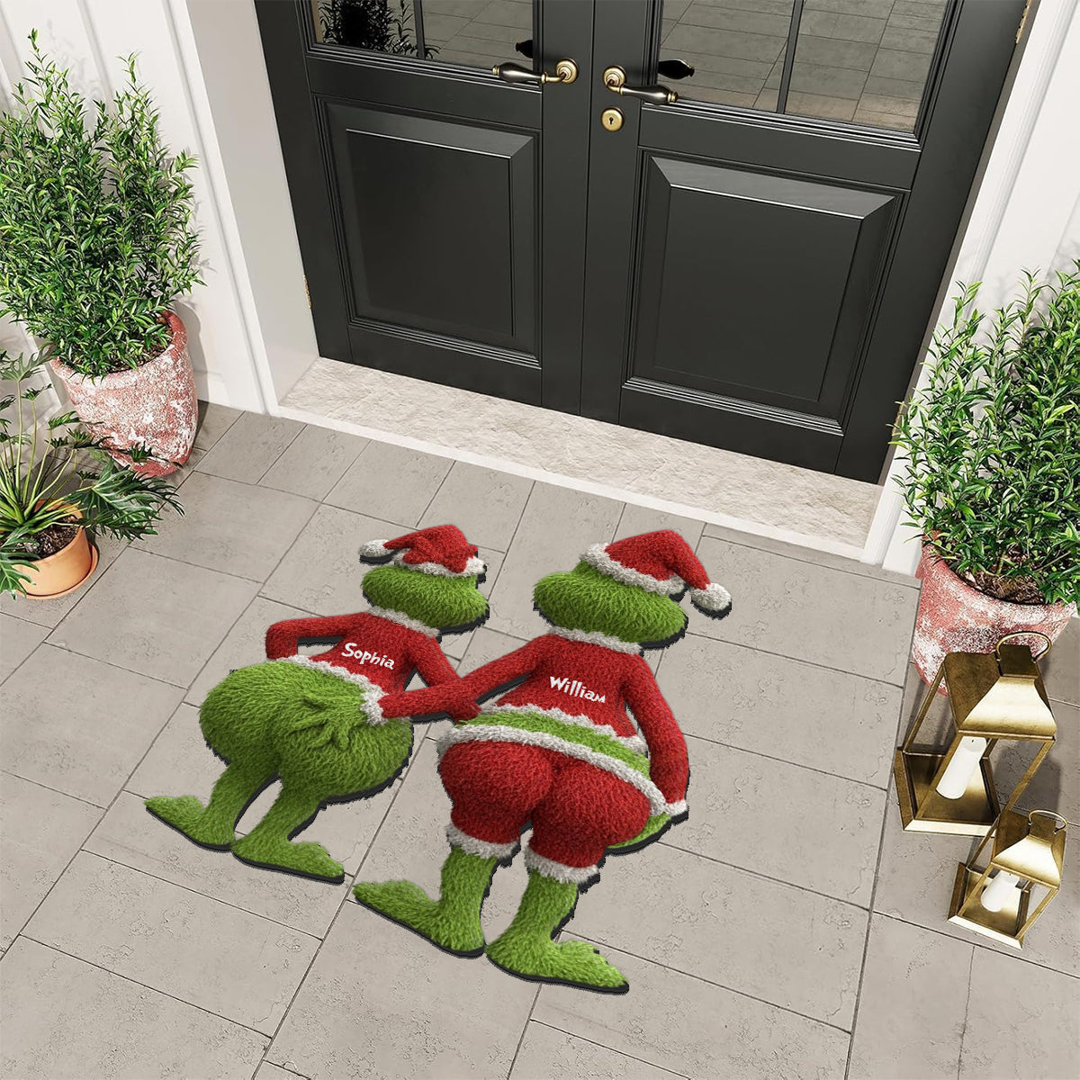 Tapis de Noël personnalisé avec étole et motif créature verte -