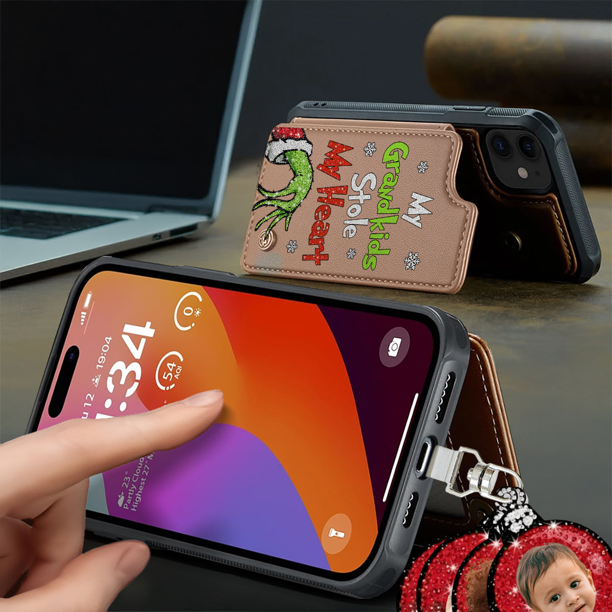 My Grandkids Kids Baby... Stole My Heart - Personalized Stole Christmas Phone Wallet With Charms