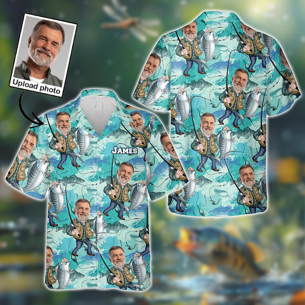 Chemise hawaïenne de pêche personnalisée avec caricature humoristique - T-shirt de pêche personnalisé