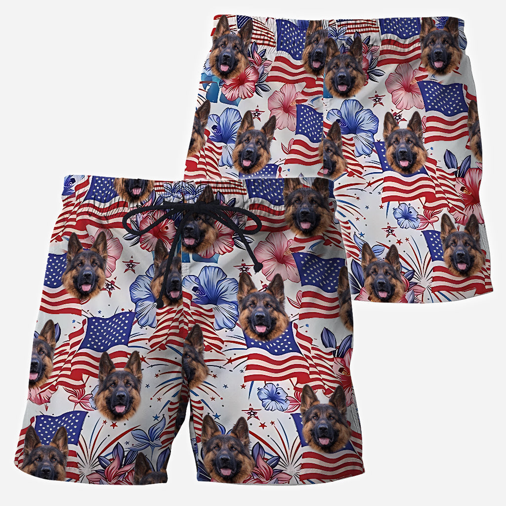 Chemise hawaïenne personnalisée pour chien et short pour homme « Chien patriotique » - Modèles patriotiques
