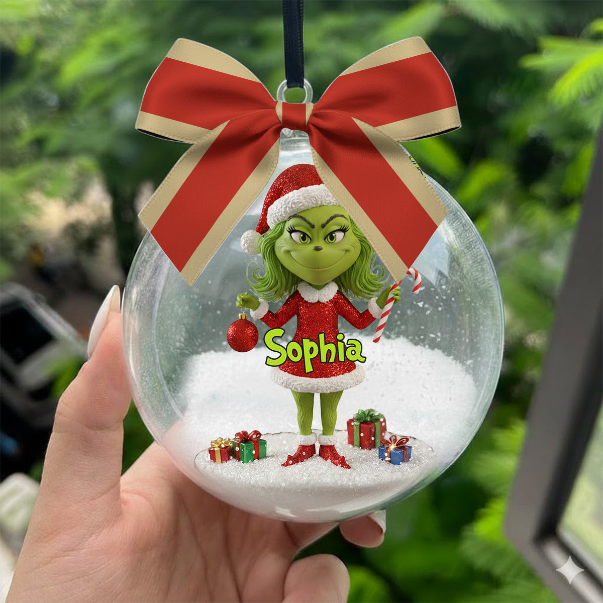 Merry Grinchmas - Personalized Stole Christmas Snow Globe Ornament With Bow