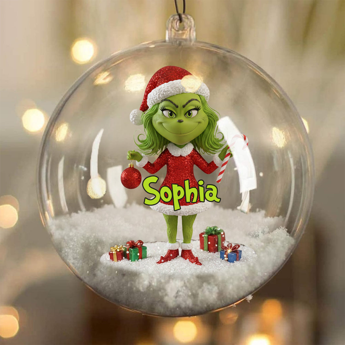 Merry Grinchmas - Personalized Stole Christmas Snow Globe Ornament With Bow