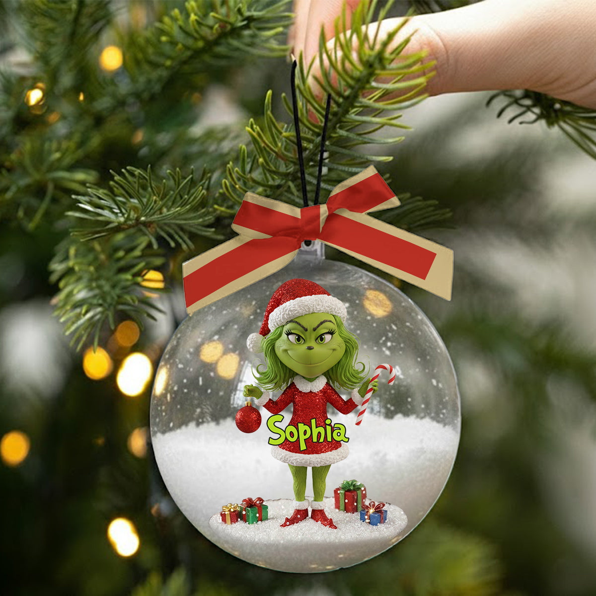 Merry Grinchmas - Personalized Stole Christmas Snow Globe Ornament With Bow